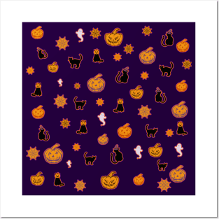 Spooky Halloween Black Cat Pattern Posters and Art